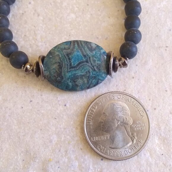 Blue Gray & Black - Crazy Lace Agate + Cross Bracelet - 6-6.5" Wrists ~ Faith! - Picture 4 of 8